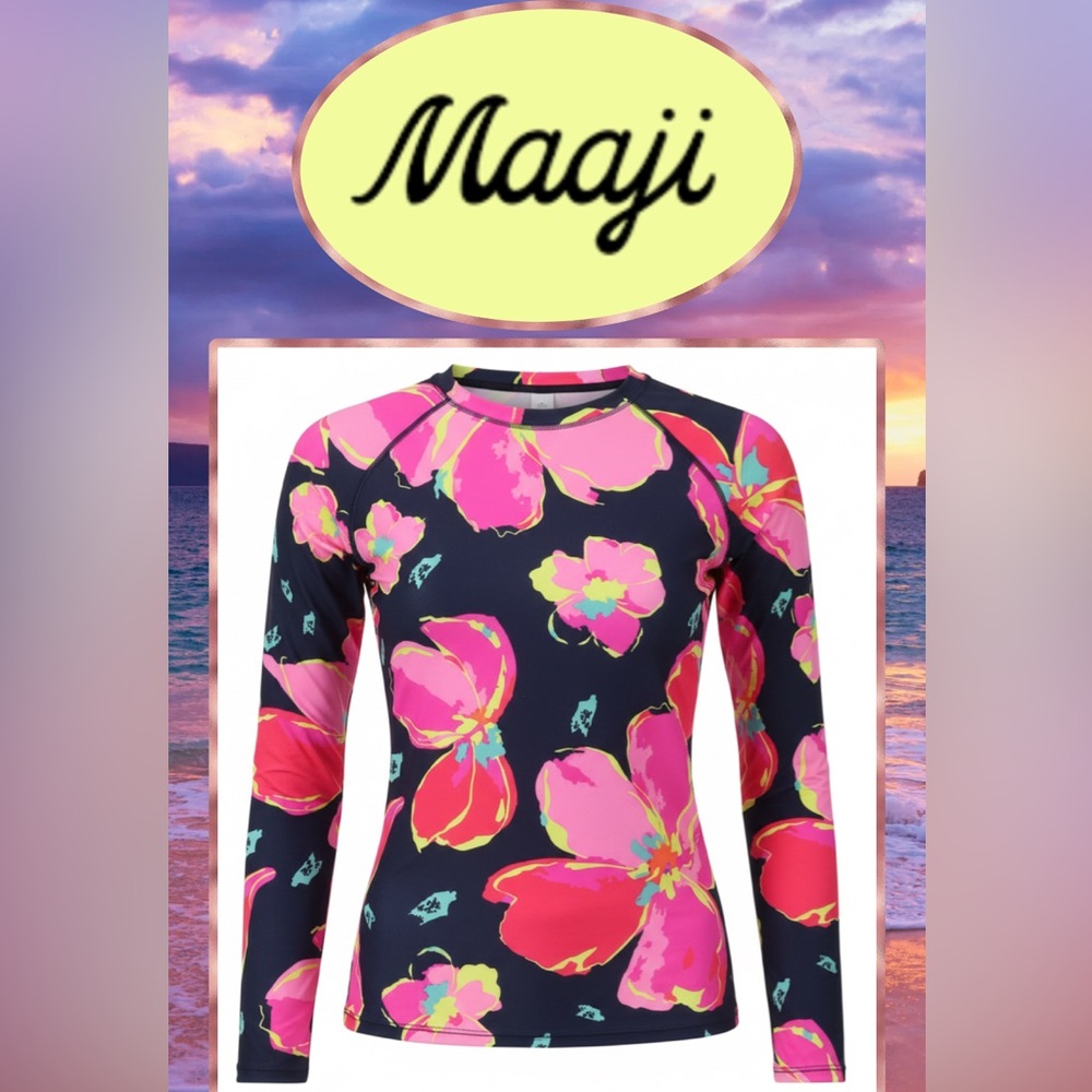 NWT Maaji Floral LongSleeve Rash Guard Swim Top MED Bright Floral Print on Black